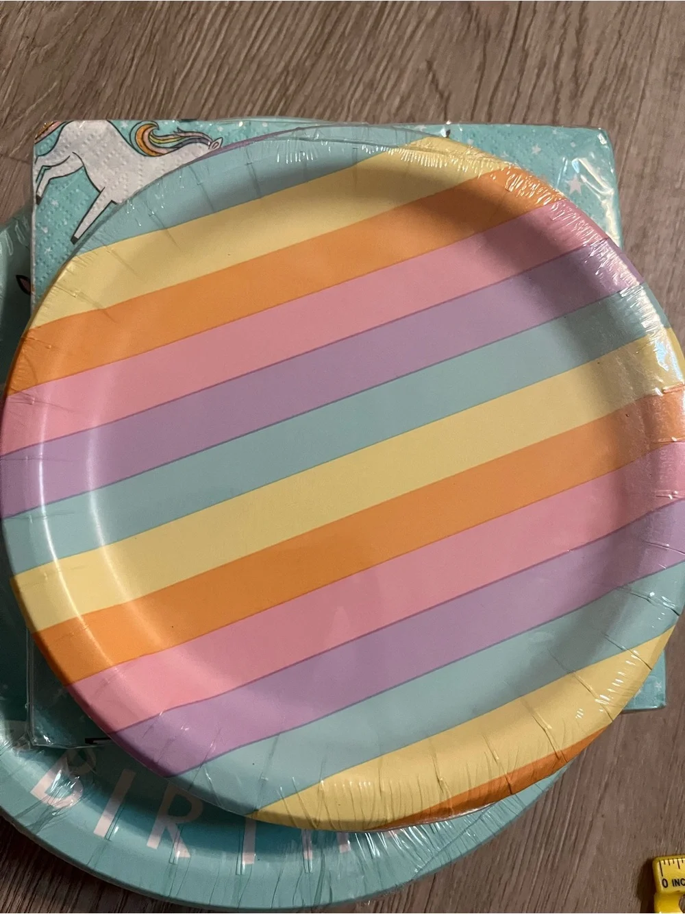 Spritz Mint Unicorn Paper Plates & Napkins with Pastel Rainbow Accents